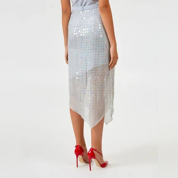 Cushnie High Waisted Sheer Skirt, Silk, Silver Asymmetrical Sequins Iridescent - Picture 2 of 9